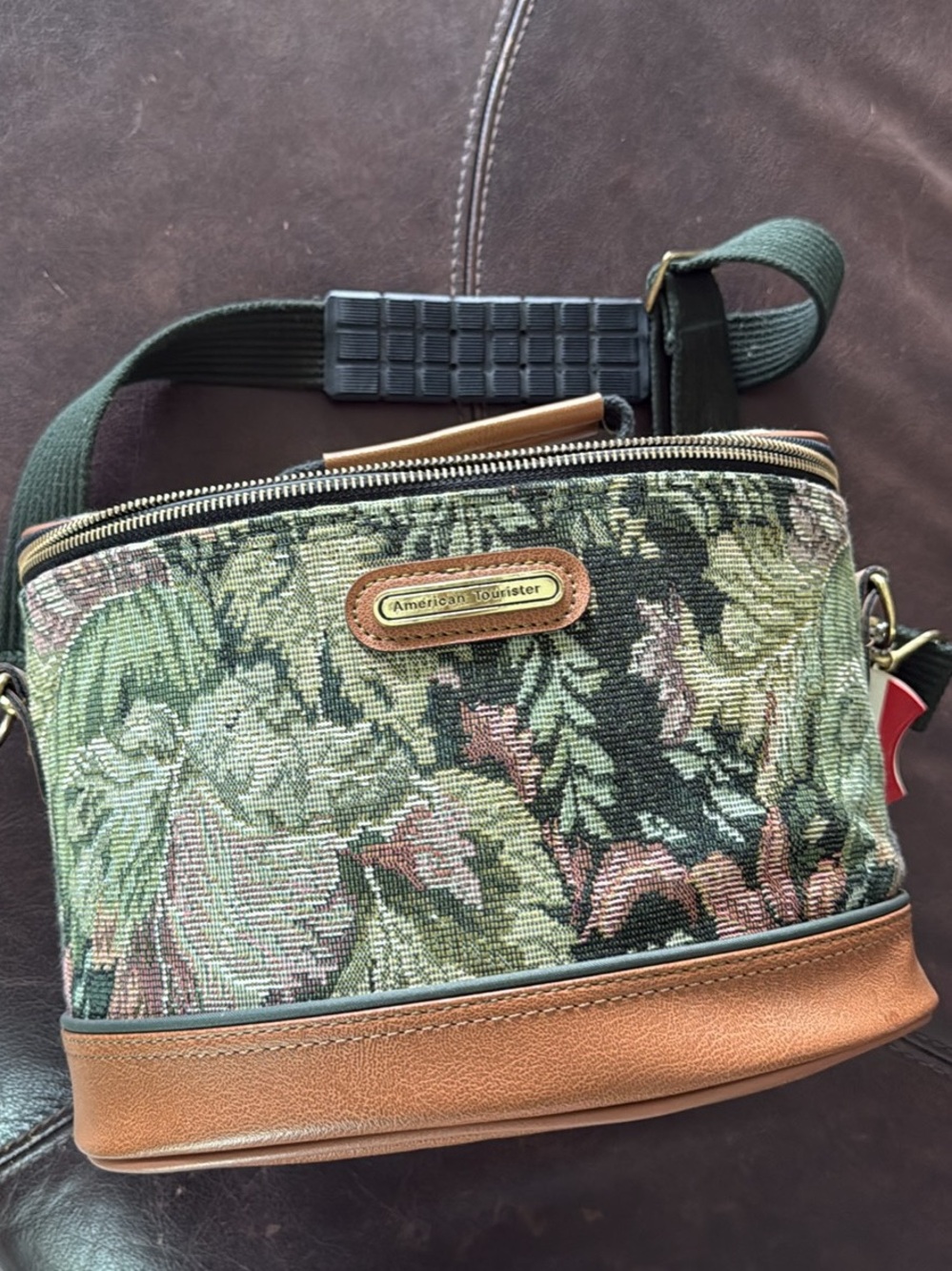 American Tourister Green Floral Tapestry Crossbody with Brown Trim